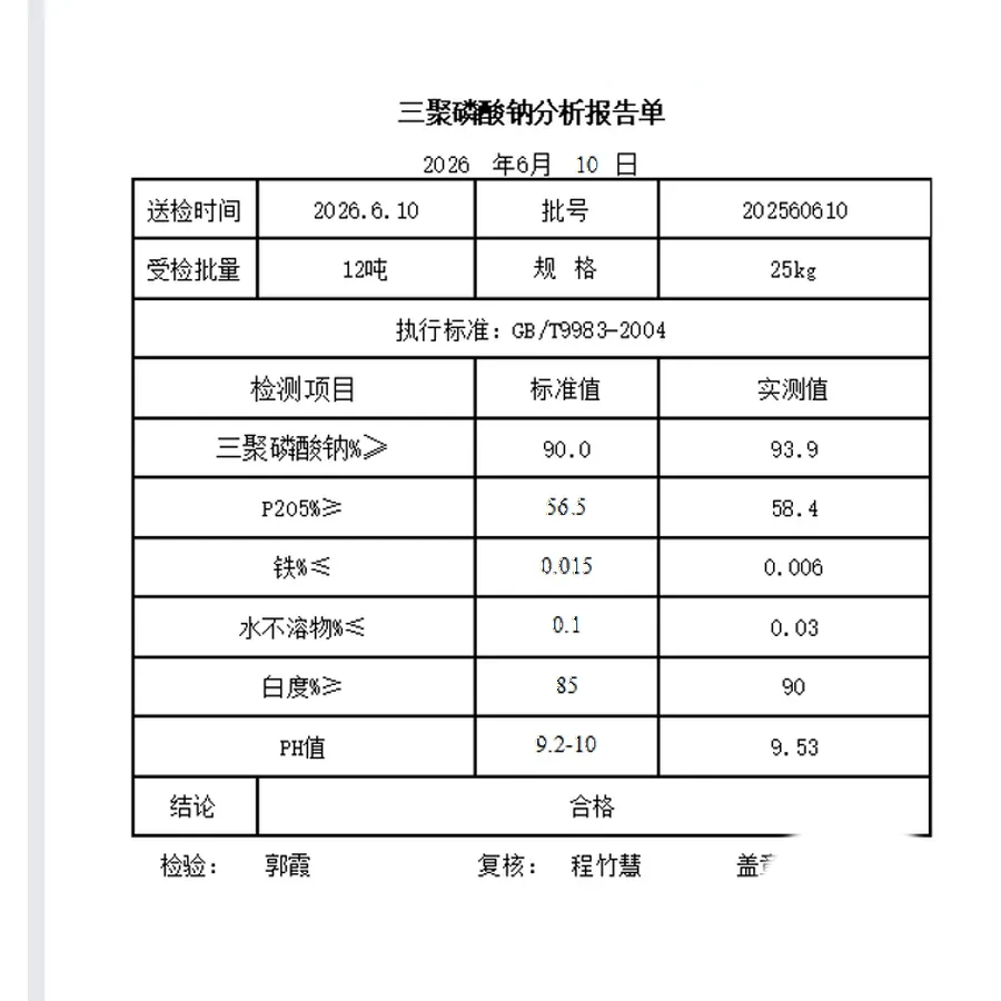 STPP analysis report COA batch 202560610 GB/T9983-2004 Qualified